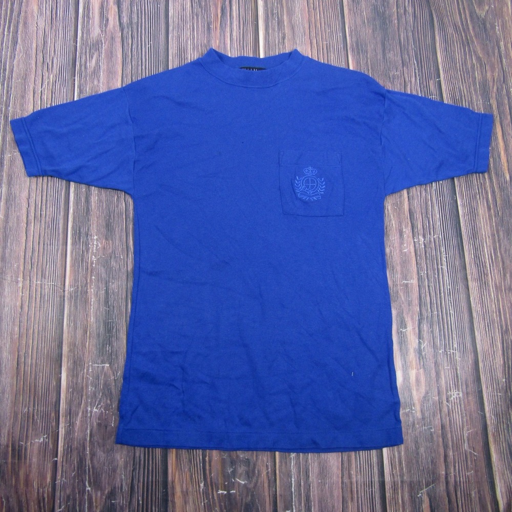 Ashleigh Morgan Shirt Womens Medium Blue Pocket Embroidered Logo Crewneck Tee
